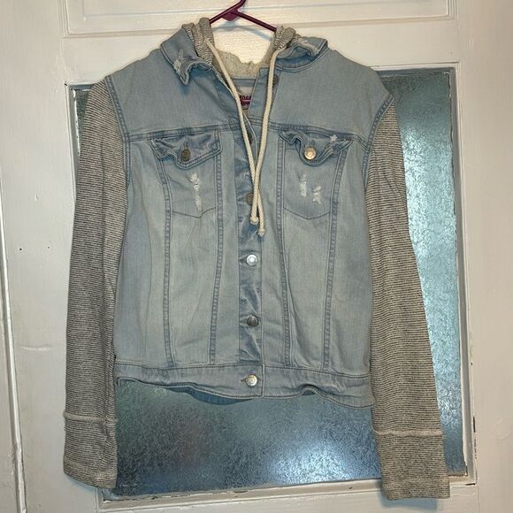Mossimo Supply Co Juniors blue and gray Denim hooded button up jacket size large - Picture 1 of 6